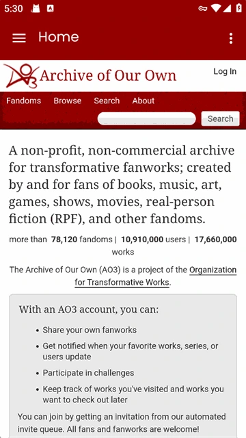 ao3阅读器内展示的 Archive of Our Own 首页
