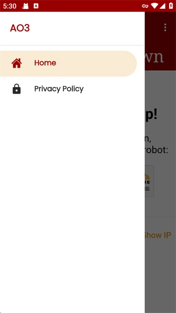 ao3阅读器侧边菜单,包含 Home 和 Privacy Policy 选项